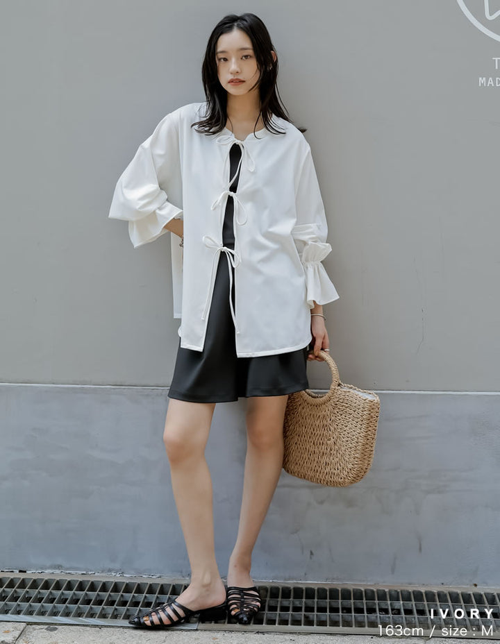 【TIME SALE 35%OFF ¥4,998⇒¥3,248】[UVカット][接触冷感][速乾][水陸両用][DAILY SWIM]ラッシュガード前開きリボンブラウス[返品交換不可] 水着/着物・浴衣 人気レディースファッション通販 リエディ