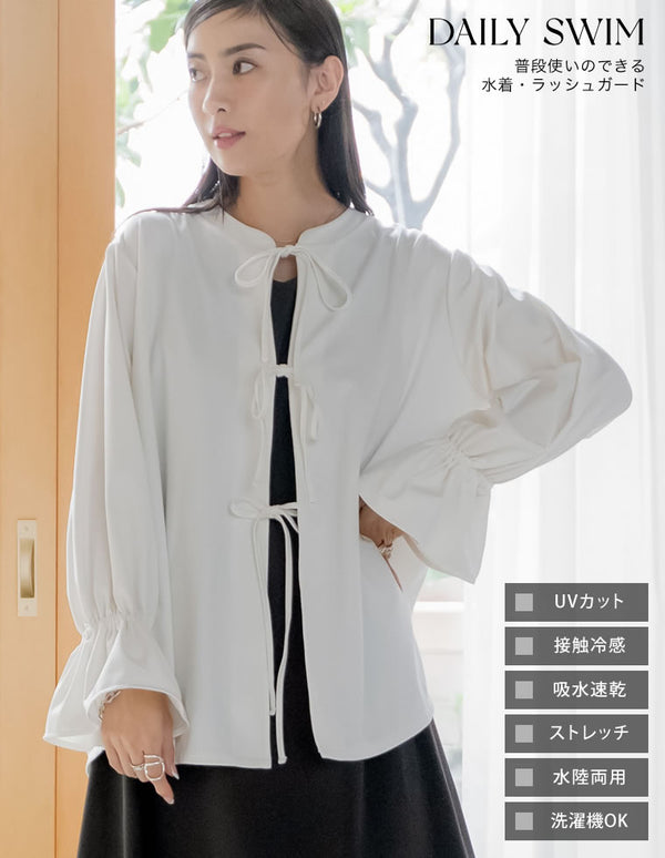 【2BUY20%OFFクーポン対象】[DAILY SWIM][UVカット][接触冷感][速乾][水陸両用]ラッシュガード前開きリボンブラウス[返品交換不可]