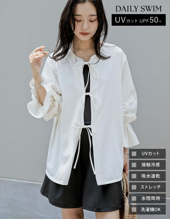 【TIME SALE 35%OFF ¥4,998⇒¥3,248】[UVカット][接触冷感][速乾][水陸両用][DAILY SWIM]ラッシュガード前開きリボンブラウス[返品交換不可] 水着/着物・浴衣 人気レディースファッション通販 リエディ