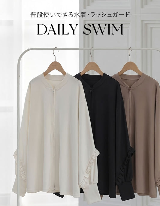 【TIME SALE 25%OFF】[UVカット][接触冷感][速乾][水陸両用][DAILY SWIM]ラッシュガード袖フリルZIPブルゾン[返品交換不可] 水着/着物・浴衣 人気レディースファッション通販 リエディ