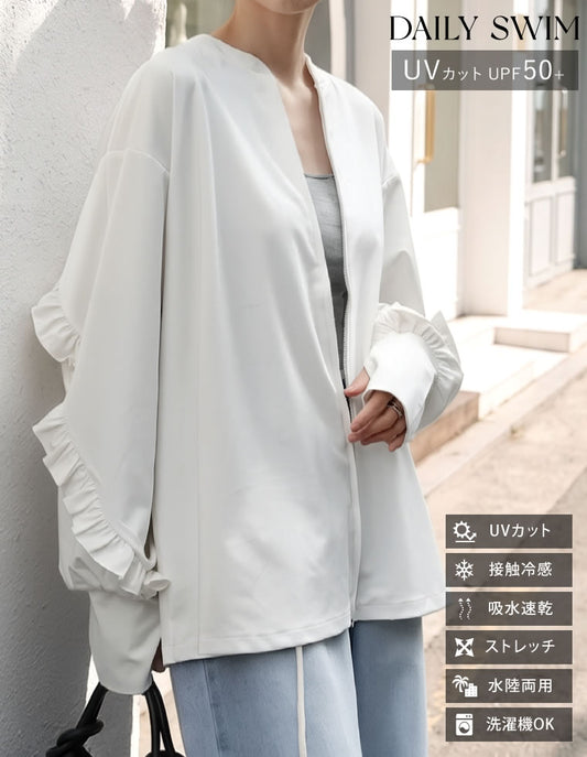 【TIME SALE 25%OFF】[UVカット][接触冷感][速乾][水陸両用][DAILY SWIM]ラッシュガード袖フリルZIPブルゾン[返品交換不可] 水着/着物・浴衣 人気レディースファッション通販 リエディ
