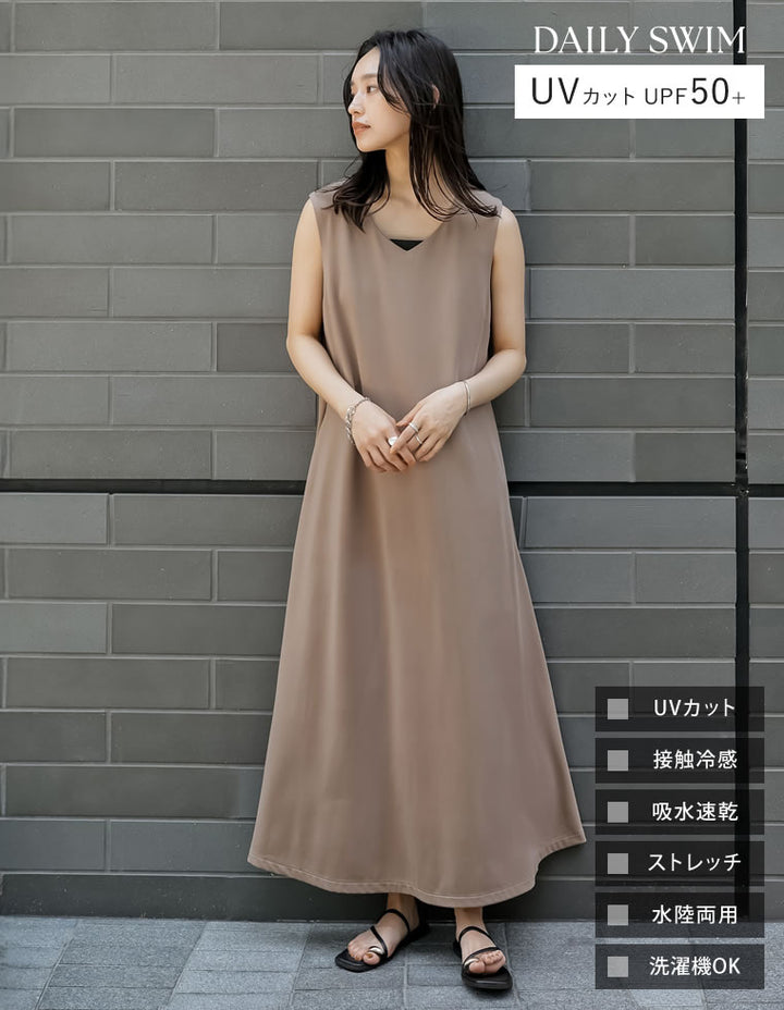 【TIME SALE 30%OFF ¥5,998⇒¥4,198】[UVカット][接触冷感][速乾][水陸両用][DAILY SWIM][低身長/高身長サイズ有]ラッシュガードノースリーブワンピース[返品交換不可] 水着/着物・浴衣 人気レディースファッション通販 リエディ