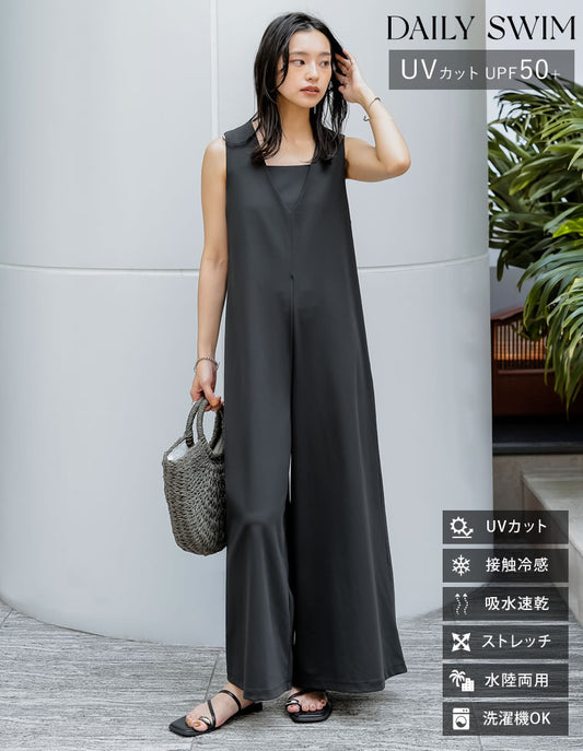 【TIME SALE 15%OFF】[UVカット][接触冷感][速乾][水陸両用][DAILY SWIM][低身長/高身長サイズ有]ラッシュガードVネックオールインワン[返品交換不可] 水着/着物・浴衣 人気レディースファッション通販 リエディ