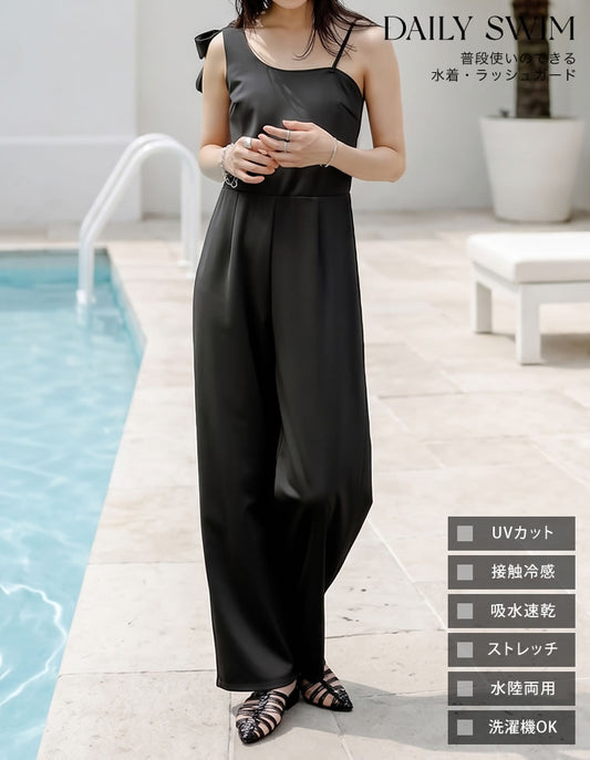 【TIME SALE 20%OFF】[UVカット][接触冷感][速乾][水陸両用][DAILY SWIM][低身長/高身長サイズ有]ラッシュガードカップ付きアシンメトリーリボンオールインワン[返品交換不可] 水着/着物・浴衣 人気レディースファッション通販 リエディ