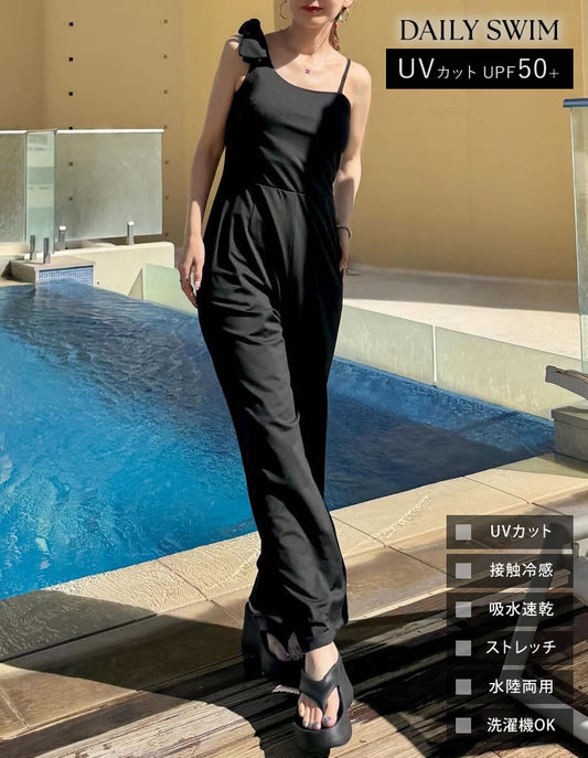 【TIME SALE 30%OFF ¥6,998⇒¥4,898】[UVカット][接触冷感][速乾][水陸両用][DAILY SWIM][低身長/高身長サイズ有]ラッシュガードカップ付きアシンメトリーリボンオールインワン[返品交換不可] 水着/着物・浴衣 人気レディースファッション通販 リエディ