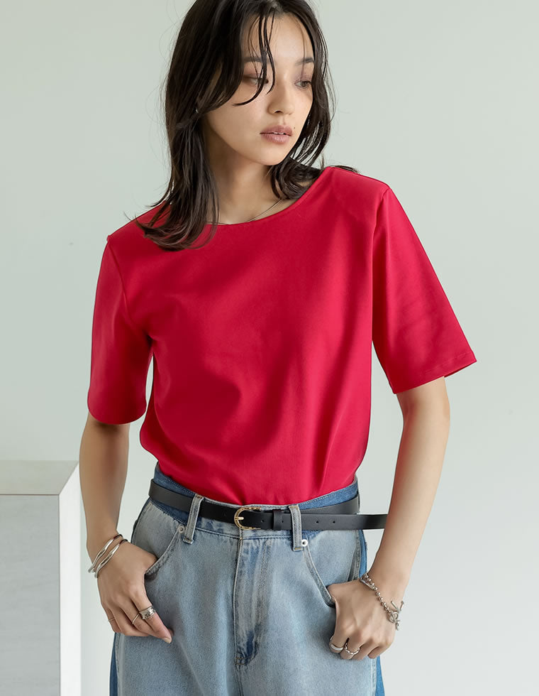 冷感マシュマロカットソーショルダーパッド半袖トップス - トップス