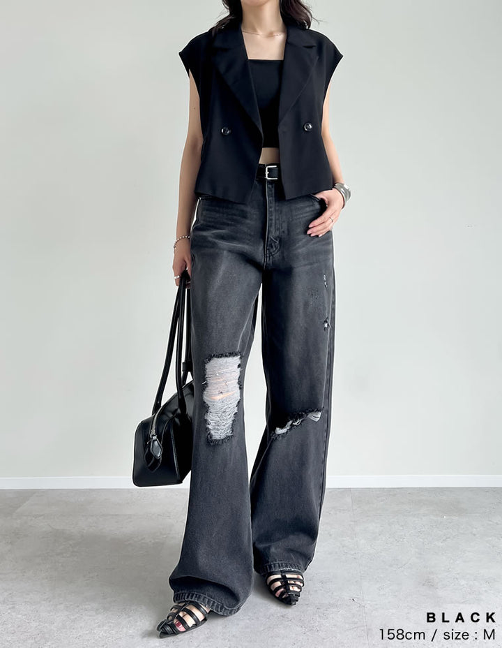 【TIME SALE 35%OFF ¥4,998⇒¥3,248】[低身長/高身長サイズ有]ワイドストレートアシンメトリーダメージデニムパンツ パンツ 人気レディースファッション通販 リエディ