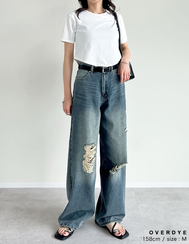 【TIME SALE 35%OFF ¥4,998⇒¥3,248】[低身長/高身長サイズ有]ワイドストレートアシンメトリーダメージデニムパンツ パンツ 人気レディースファッション通販 リエディ