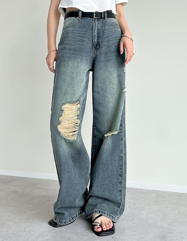 【TIME SALE 35%OFF ¥4,998⇒¥3,248】[低身長/高身長サイズ有]ワイドストレートアシンメトリーダメージデニムパンツ パンツ 人気レディースファッション通販 リエディ