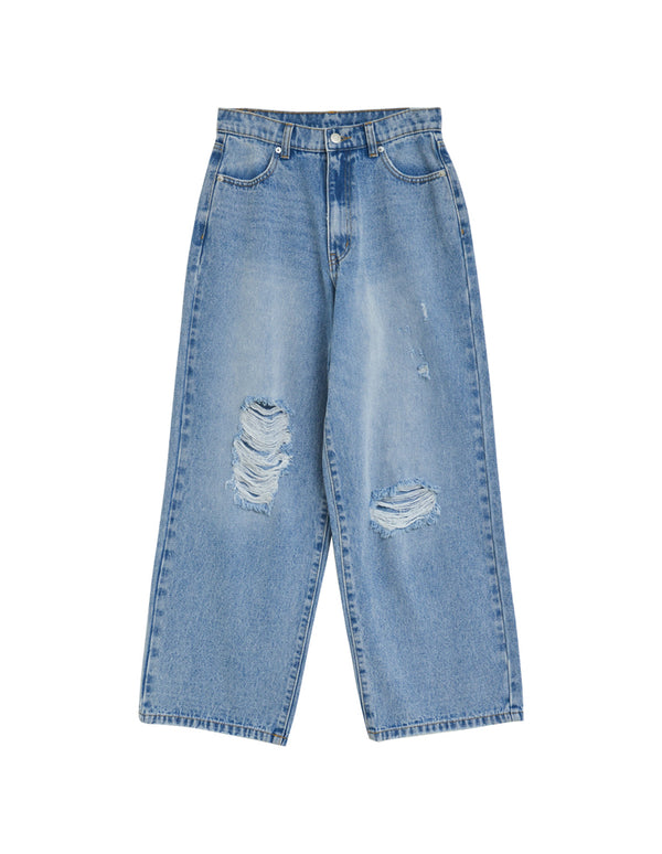【TIME SALE 35%OFF ¥4,998⇒¥3,248】[低身長/高身長サイズ有]ワイドストレートアシンメトリーダメージデニムパンツ パンツ 人気レディースファッション通販 リエディ