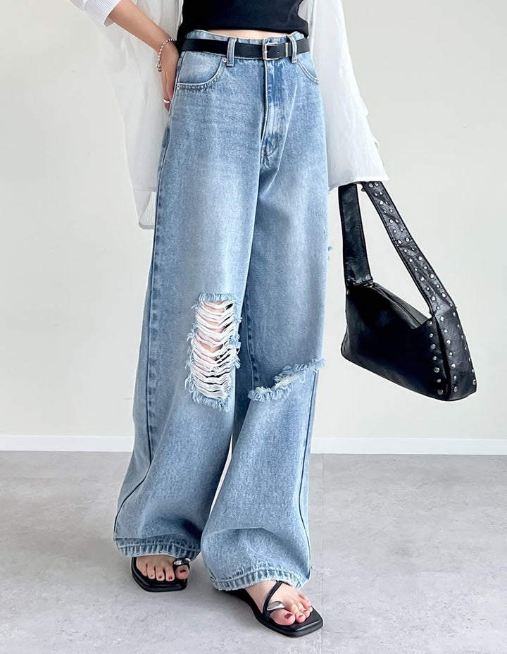 【TIME SALE 35%OFF ¥4,998⇒¥3,248】[低身長/高身長サイズ有]ワイドストレートアシンメトリーダメージデニムパンツ パンツ 人気レディースファッション通販 リエディ