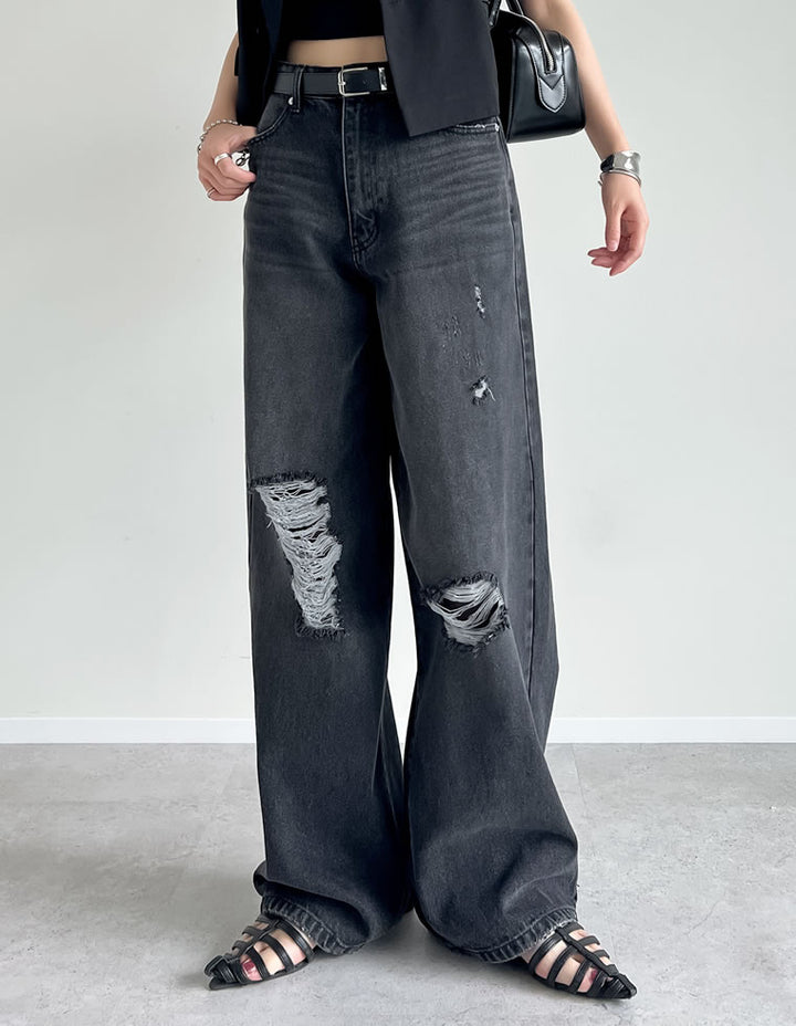 【TIME SALE 35%OFF ¥4,998⇒¥3,248】[低身長/高身長サイズ有]ワイドストレートアシンメトリーダメージデニムパンツ パンツ 人気レディースファッション通販 リエディ