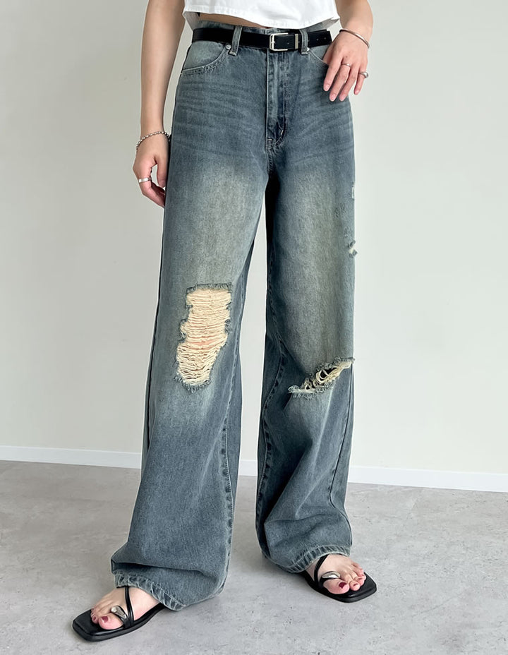 【TIME SALE 35%OFF ¥4,998⇒¥3,248】[低身長/高身長サイズ有]ワイドストレートアシンメトリーダメージデニムパンツ パンツ 人気レディースファッション通販 リエディ