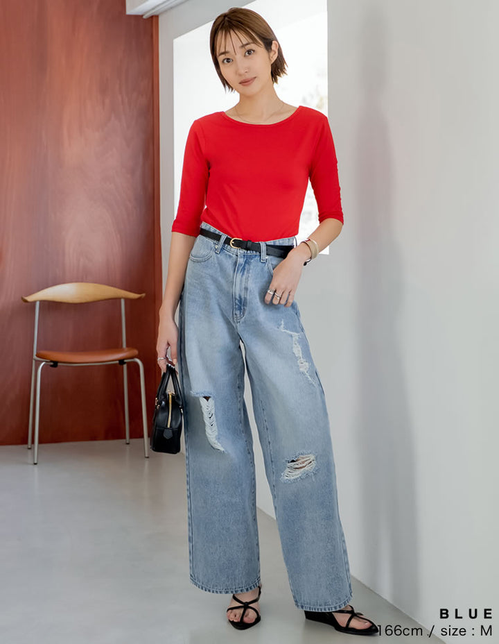 【TIME SALE 35%OFF ¥4,998⇒¥3,248】[低身長/高身長サイズ有]ワイドストレートアシンメトリーダメージデニムパンツ パンツ 人気レディースファッション通販 リエディ