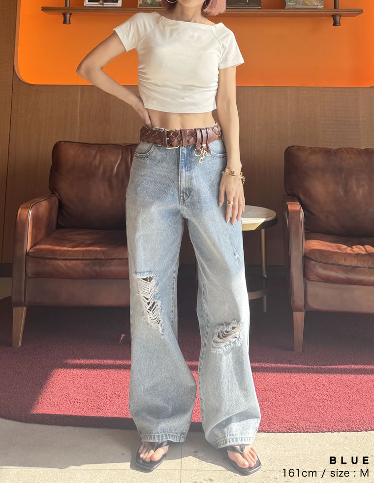 ワイドストレートダメージデニムパンツ - パンツ通販 | 人気レディース