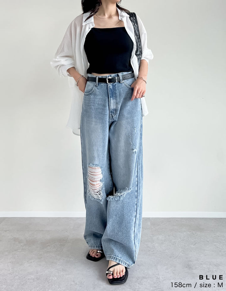 【TIME SALE 35%OFF ¥4,998⇒¥3,248】[低身長/高身長サイズ有]ワイドストレートアシンメトリーダメージデニムパンツ パンツ 人気レディースファッション通販 リエディ
