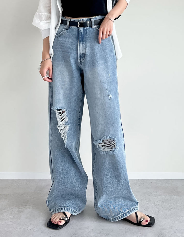 【TIME SALE 35%OFF ¥4,998⇒¥3,248】[低身長/高身長サイズ有]ワイドストレートアシンメトリーダメージデニムパンツ パンツ 人気レディースファッション通販 リエディ