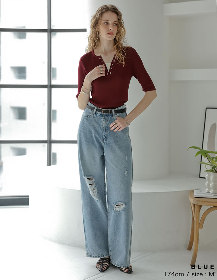 【TIME SALE 35%OFF ¥4,998⇒¥3,248】[低身長/高身長サイズ有]ワイドストレートアシンメトリーダメージデニムパンツ パンツ 人気レディースファッション通販 リエディ