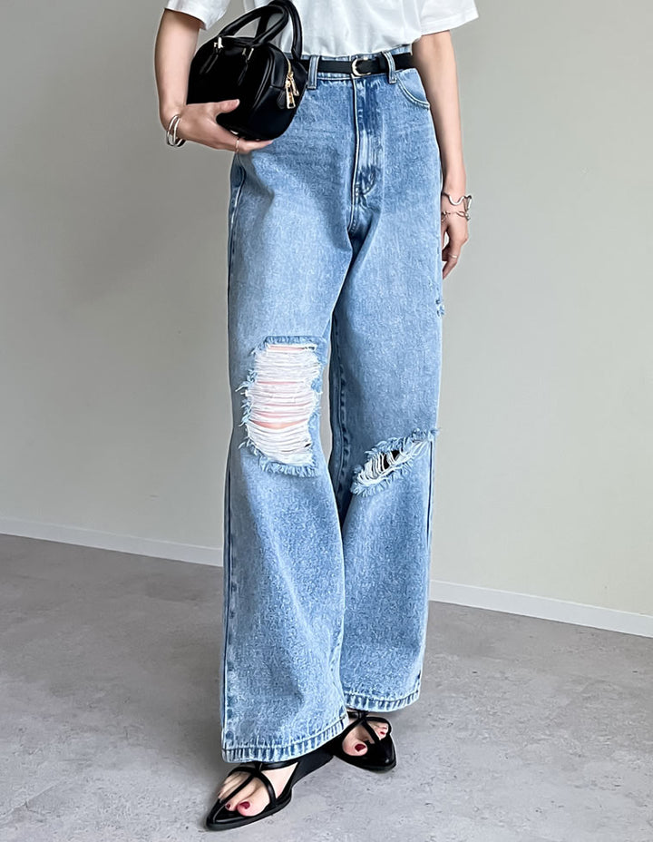 【TIME SALE 35%OFF ¥4,998⇒¥3,248】[低身長/高身長サイズ有]ワイドストレートアシンメトリーダメージデニムパンツ パンツ 人気レディースファッション通販 リエディ