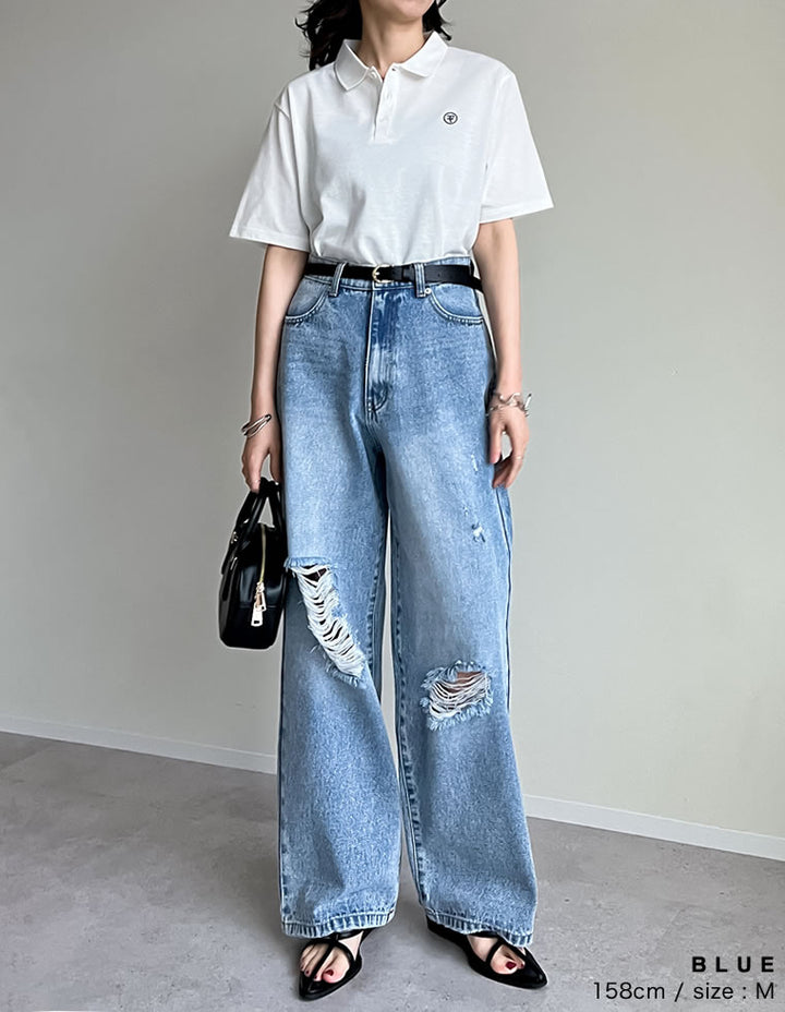 【TIME SALE 35%OFF ¥4,998⇒¥3,248】[低身長/高身長サイズ有]ワイドストレートアシンメトリーダメージデニムパンツ パンツ 人気レディースファッション通販 リエディ