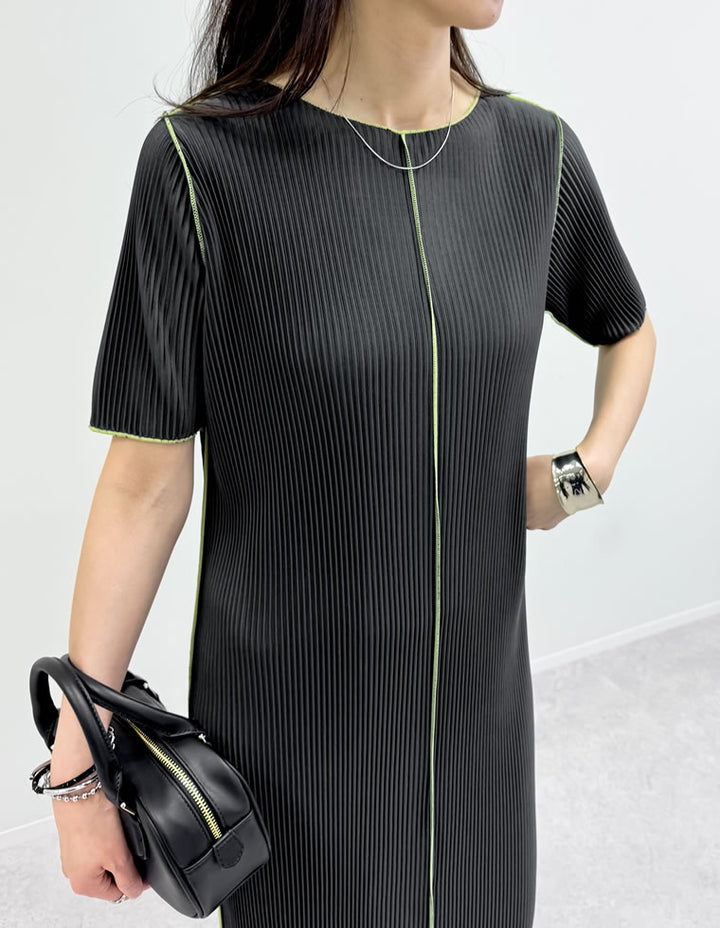 【TIME SALE 30%OFF ¥4,998⇒¥3,498】プリーツメロー配色ワンピース ワンピース 人気レディースファッション通販 リエディ
