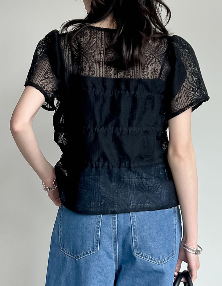 【TIME SALE 20%OFF ¥5,298⇒¥4,238】シアーレースリボンシャーリングブラウス トップス 人気レディースファッション通販 リエディ