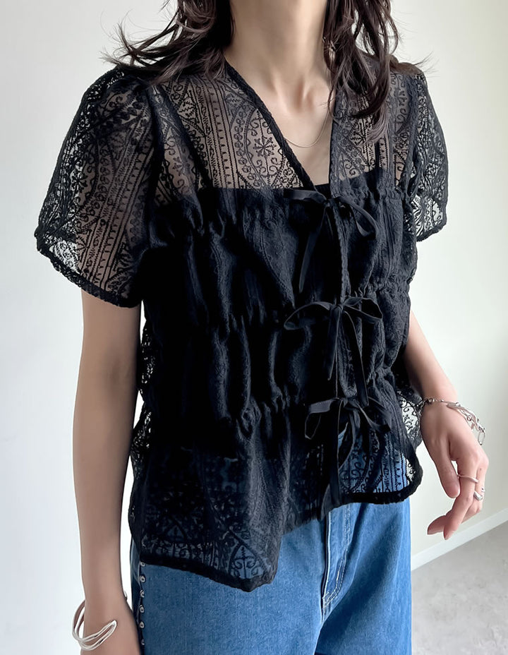 【TIME SALE 20%OFF ¥5,298⇒¥4,238】シアーレースリボンシャーリングブラウス トップス 人気レディースファッション通販 リエディ