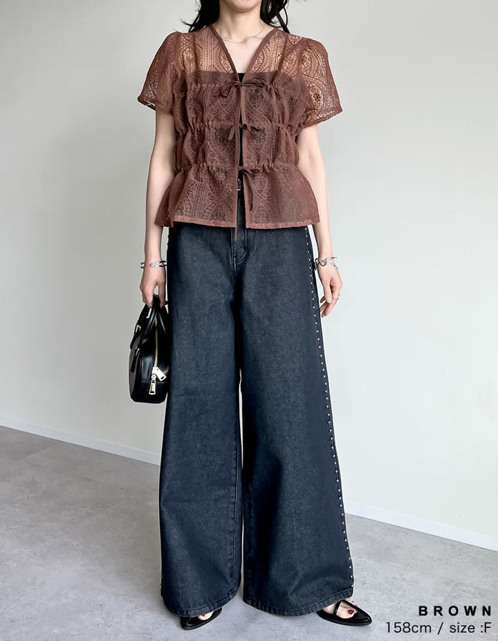 【TIME SALE 20%OFF ¥5,298⇒¥4,238】シアーレースリボンシャーリングブラウス トップス 人気レディースファッション通販 リエディ