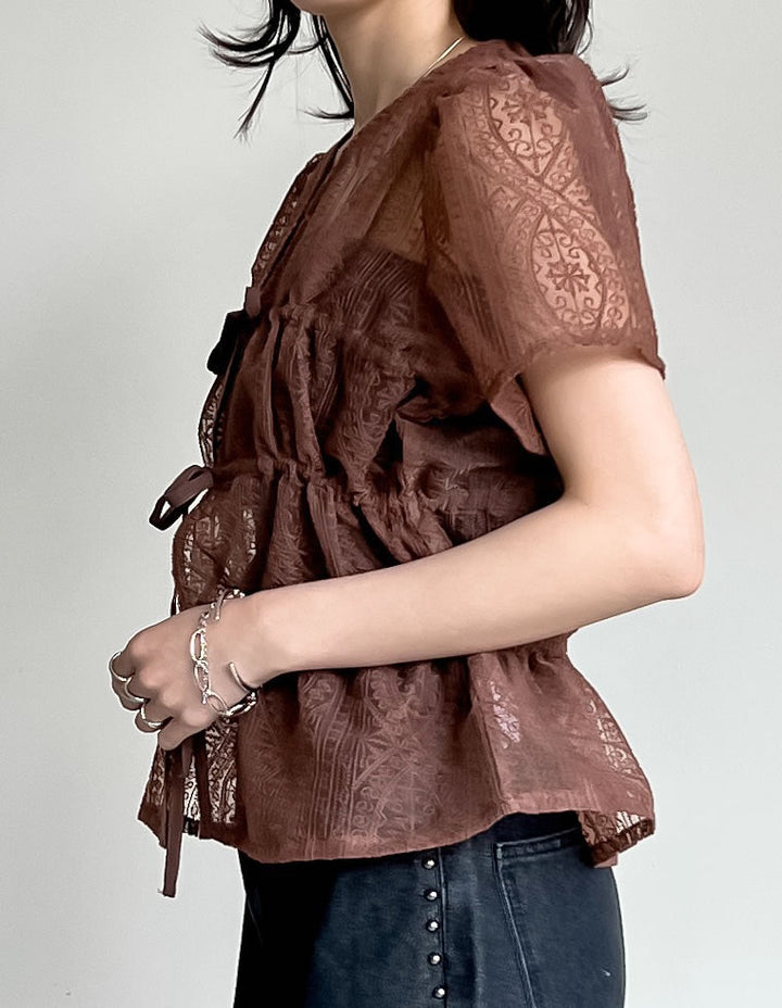 【TIME SALE 20%OFF ¥5,298⇒¥4,238】シアーレースリボンシャーリングブラウス トップス 人気レディースファッション通販 リエディ
