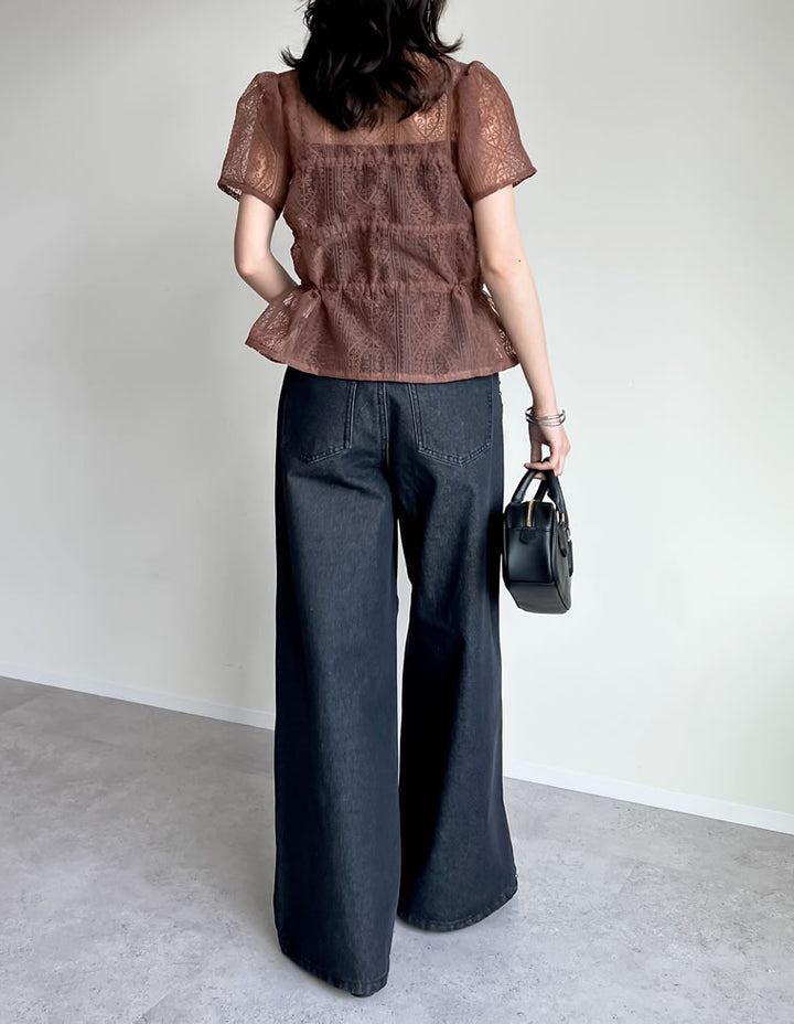 【TIME SALE 20%OFF ¥5,298⇒¥4,238】シアーレースリボンシャーリングブラウス トップス 人気レディースファッション通販 リエディ