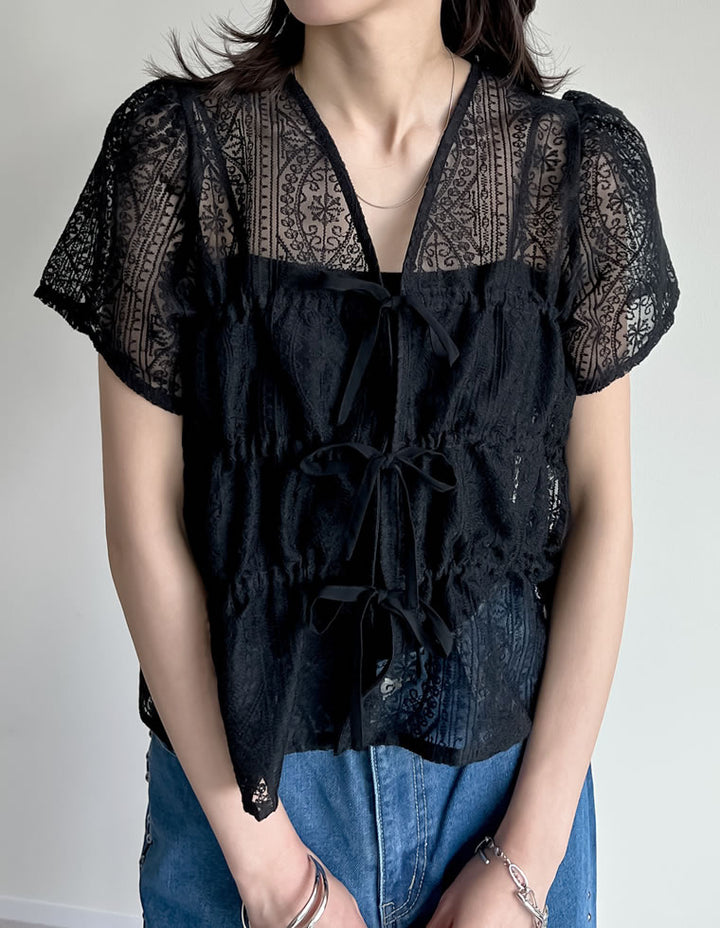 【TIME SALE 20%OFF ¥5,298⇒¥4,238】シアーレースリボンシャーリングブラウス トップス 人気レディースファッション通販 リエディ