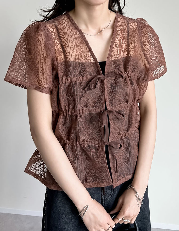 【TIME SALE 20%OFF ¥5,298⇒¥4,238】シアーレースリボンシャーリングブラウス トップス 人気レディースファッション通販 リエディ