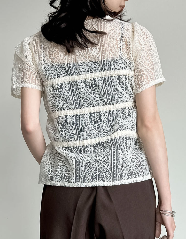 【TIME SALE 20%OFF ¥5,298⇒¥4,238】シアーレースリボンシャーリングブラウス トップス 人気レディースファッション通販 リエディ