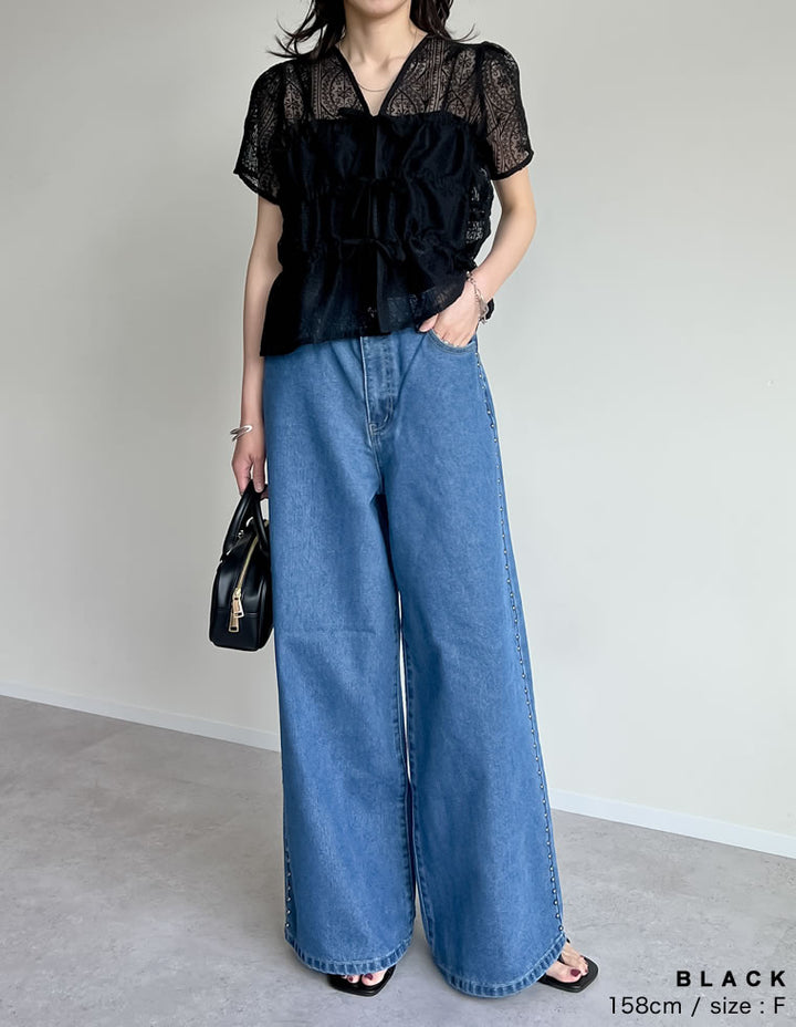 【TIME SALE 20%OFF ¥5,298⇒¥4,238】シアーレースリボンシャーリングブラウス トップス 人気レディースファッション通販 リエディ