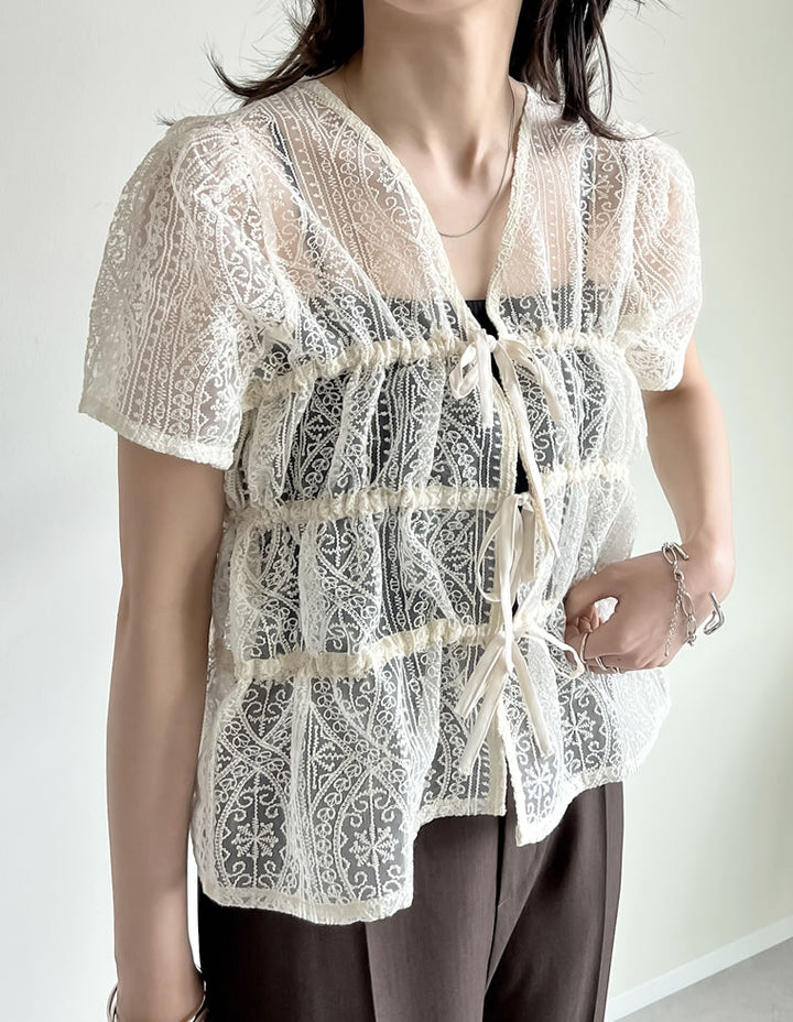 【TIME SALE 20%OFF ¥5,298⇒¥4,238】シアーレースリボンシャーリングブラウス トップス 人気レディースファッション通販 リエディ