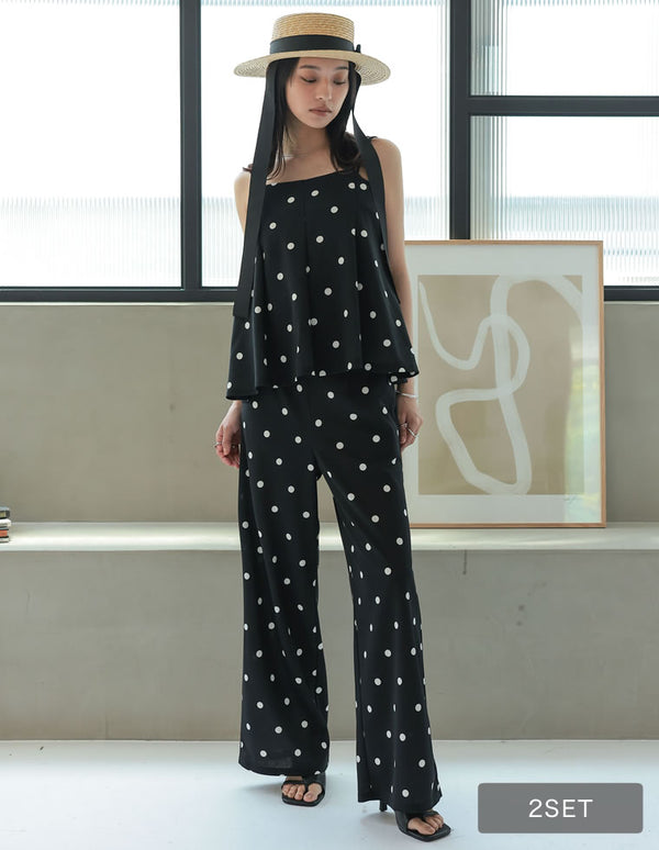 【2BUY20%OFFクーポン対象】[イージーケア][2点セット]ドットor無地カットジョーゼットキャミソール＆パンツセット
