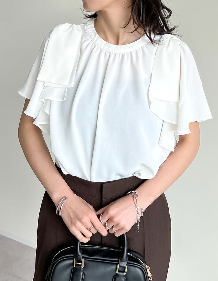 【TIME SALE 20%OFF ¥4,499⇒¥3,599】[UVカット][接触冷感][オケージョン セレモニー]ポーララッフルスリーブリボンブラウス トップス 人気レディースファッション通販 リエディ