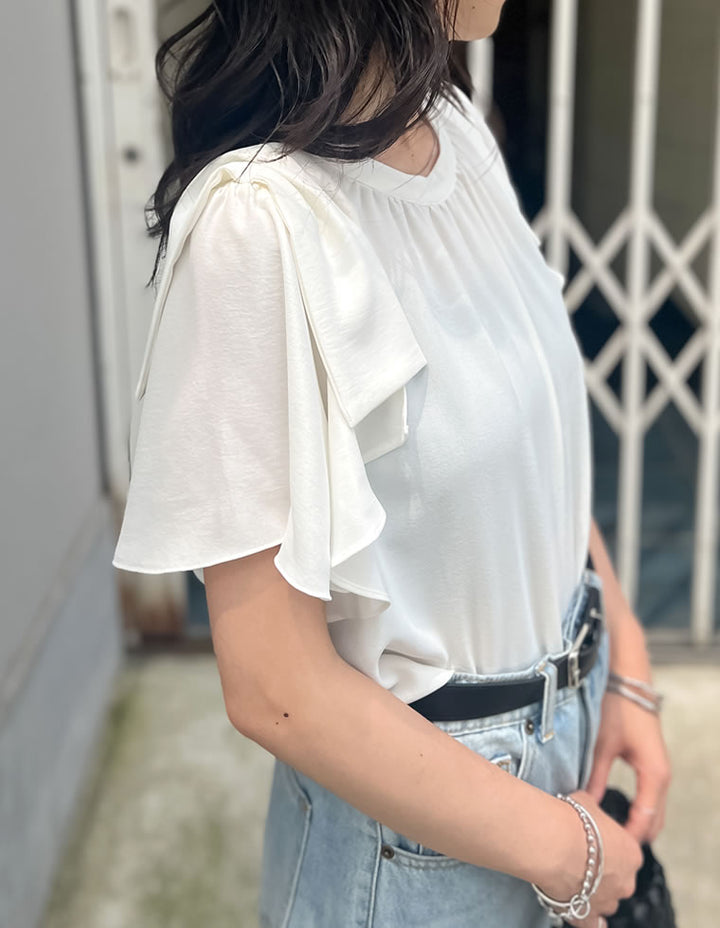 【TIME SALE 20%OFF ¥4,499⇒¥3,599】[UVカット][接触冷感][オケージョン セレモニー]ポーララッフルスリーブリボンブラウス トップス 人気レディースファッション通販 リエディ