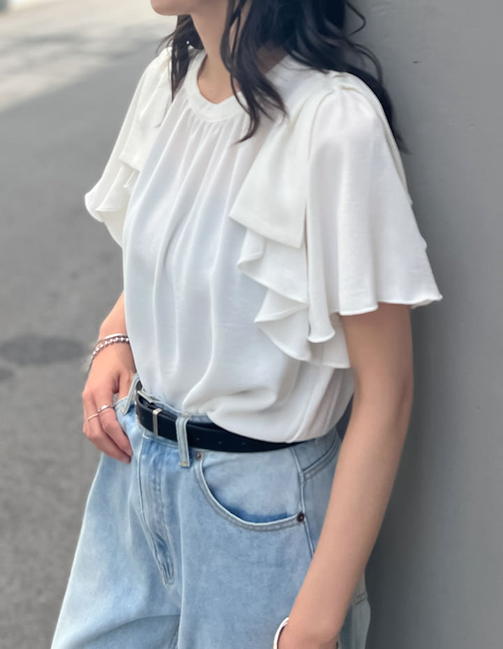 【TIME SALE 20%OFF ¥4,499⇒¥3,599】[UVカット][接触冷感][オケージョン セレモニー]ポーララッフルスリーブリボンブラウス トップス 人気レディースファッション通販 リエディ