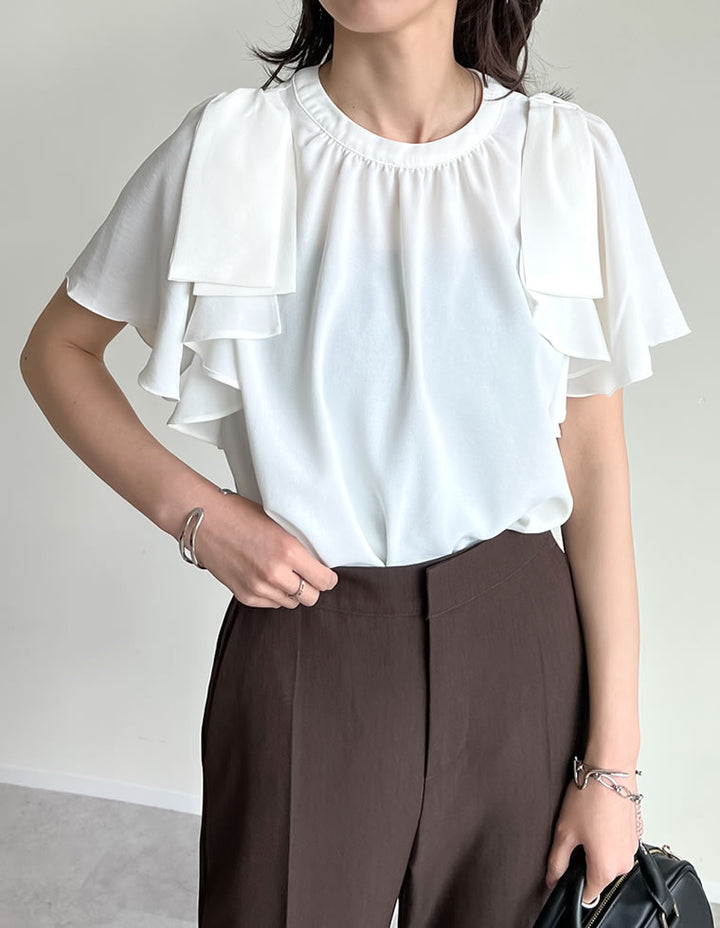 【TIME SALE 20%OFF ¥4,499⇒¥3,599】[UVカット][接触冷感][オケージョン セレモニー]ポーララッフルスリーブリボンブラウス トップス 人気レディースファッション通販 リエディ