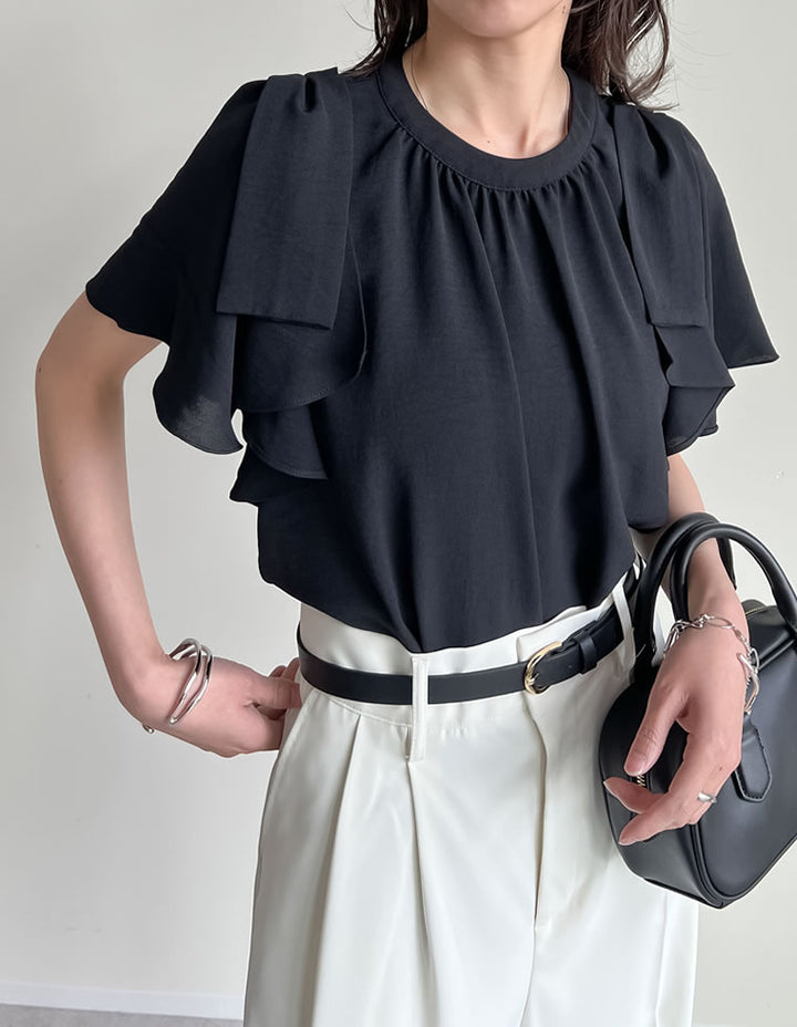 【TIME SALE 20%OFF ¥4,499⇒¥3,599】[UVカット][接触冷感][オケージョン セレモニー]ポーララッフルスリーブリボンブラウス トップス 人気レディースファッション通販 リエディ