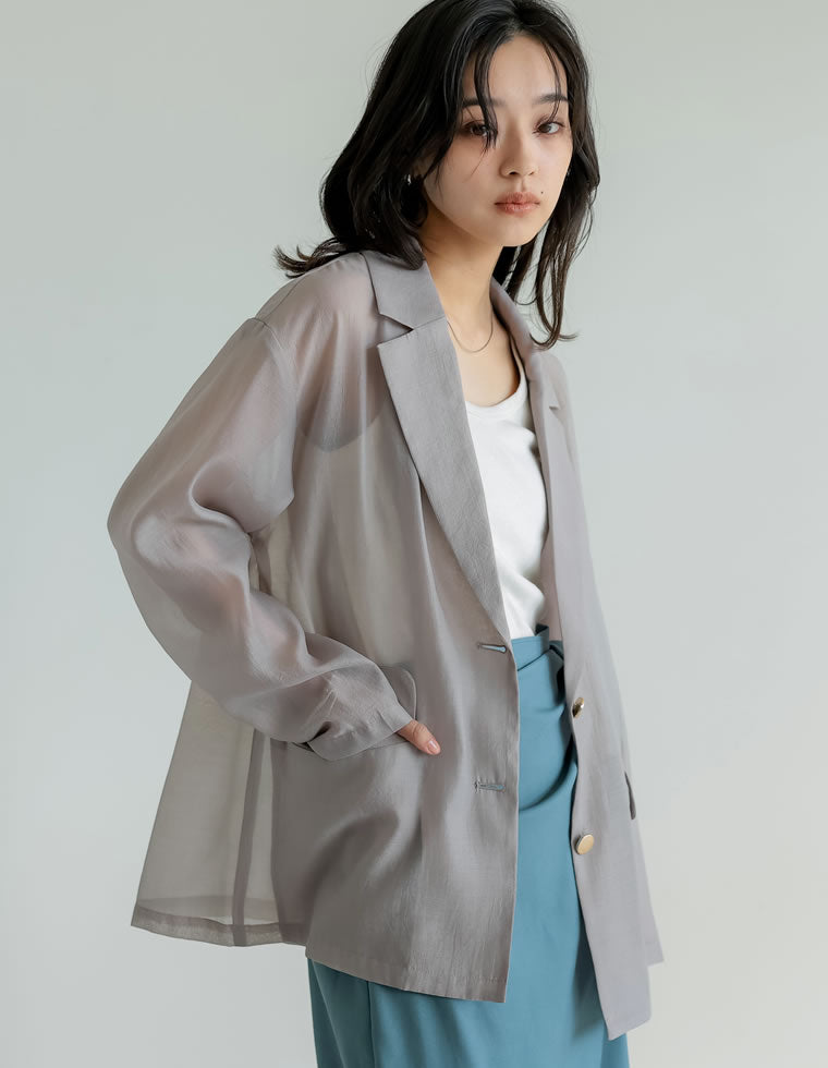 金ボタンシアーオーガンジーテーラードジャケット - ジャケット