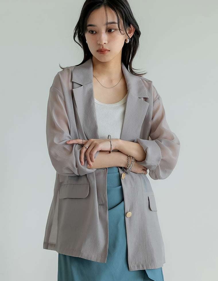 金ボタンシアーオーガンジーテーラードジャケット - ジャケット