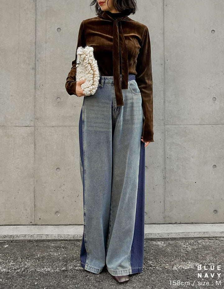 [低身長/高身長サイズ有]コットンデニムパネルワイドパンツ パンツ 人気レディースファッション通販 リエディ