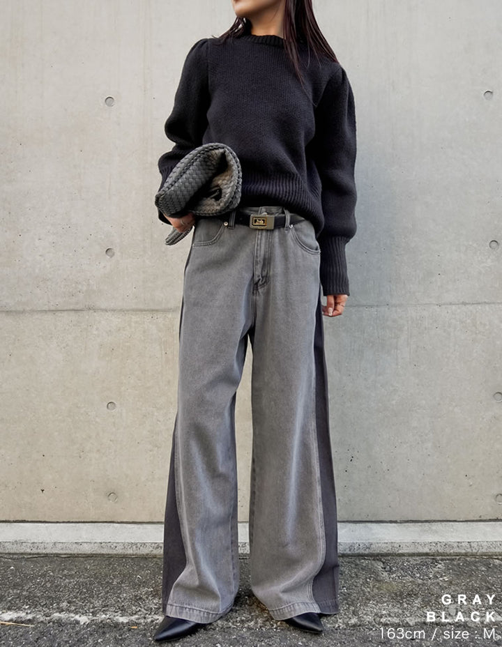 [低身長/高身長サイズ有]コットンデニムパネルワイドパンツ パンツ 人気レディースファッション通販 リエディ