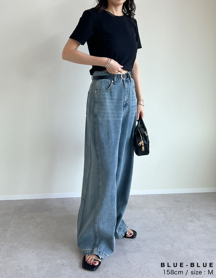 【TIME SALE 15%OFF ¥5,498⇒¥4,673】[2025 SUMMER COLLECTION][低身長/高身長サイズ有]コットンデニムパネルワイドパンツ パンツ 人気レディースファッション通販 リエディ