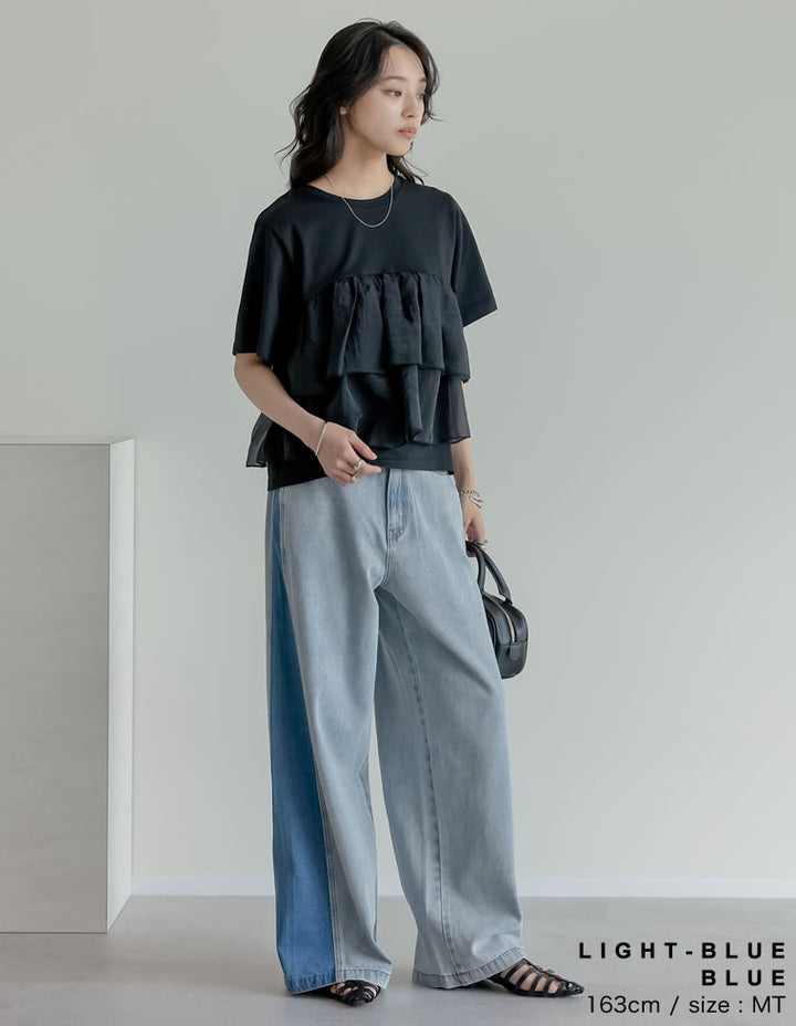 [低身長/高身長サイズ有]コットンデニムパネルワイドパンツ パンツ 人気レディースファッション通販 リエディ