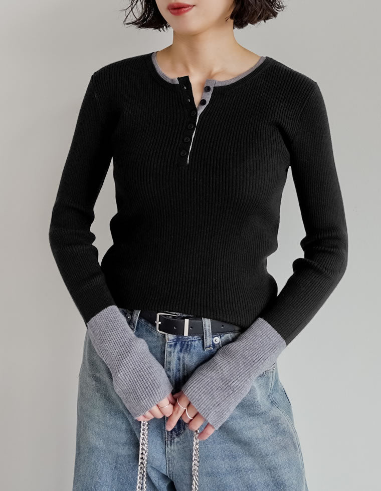 配色ヘンリーネックニットトップス - トップス通販 | 人気