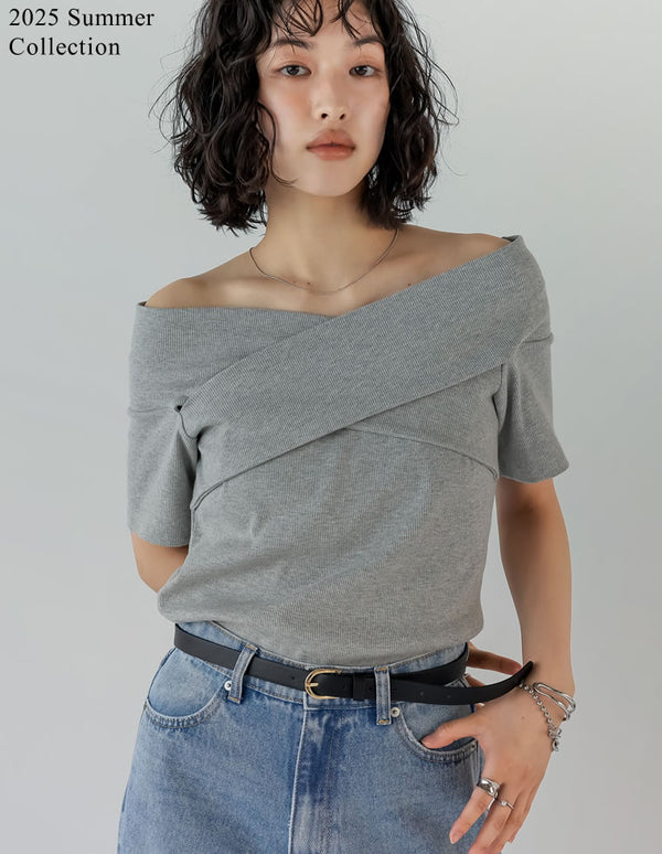 [2025 SUMMER COLLECTION]2WAYリブカットソーオフショルクロスデザイントップス[mb]