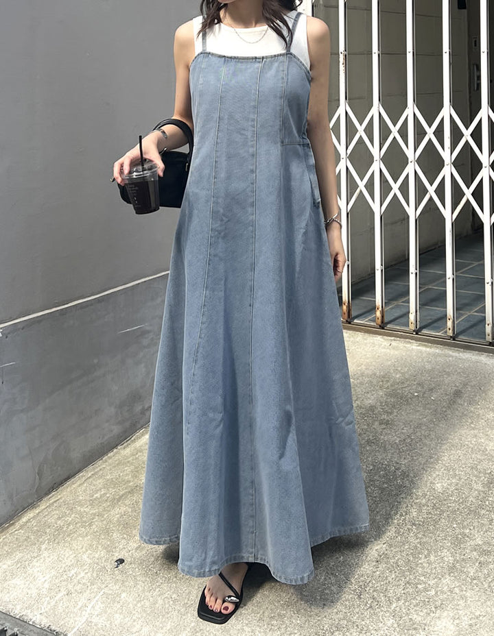 【TIME SALE 20%OFF ¥6,798⇒¥5,438】[2025 SUMMER COLLECTION][低身長サイズ有]コットンデニムパネルフレアキャミワンピース ワンピース 人気レディースファッション通販 リエディ